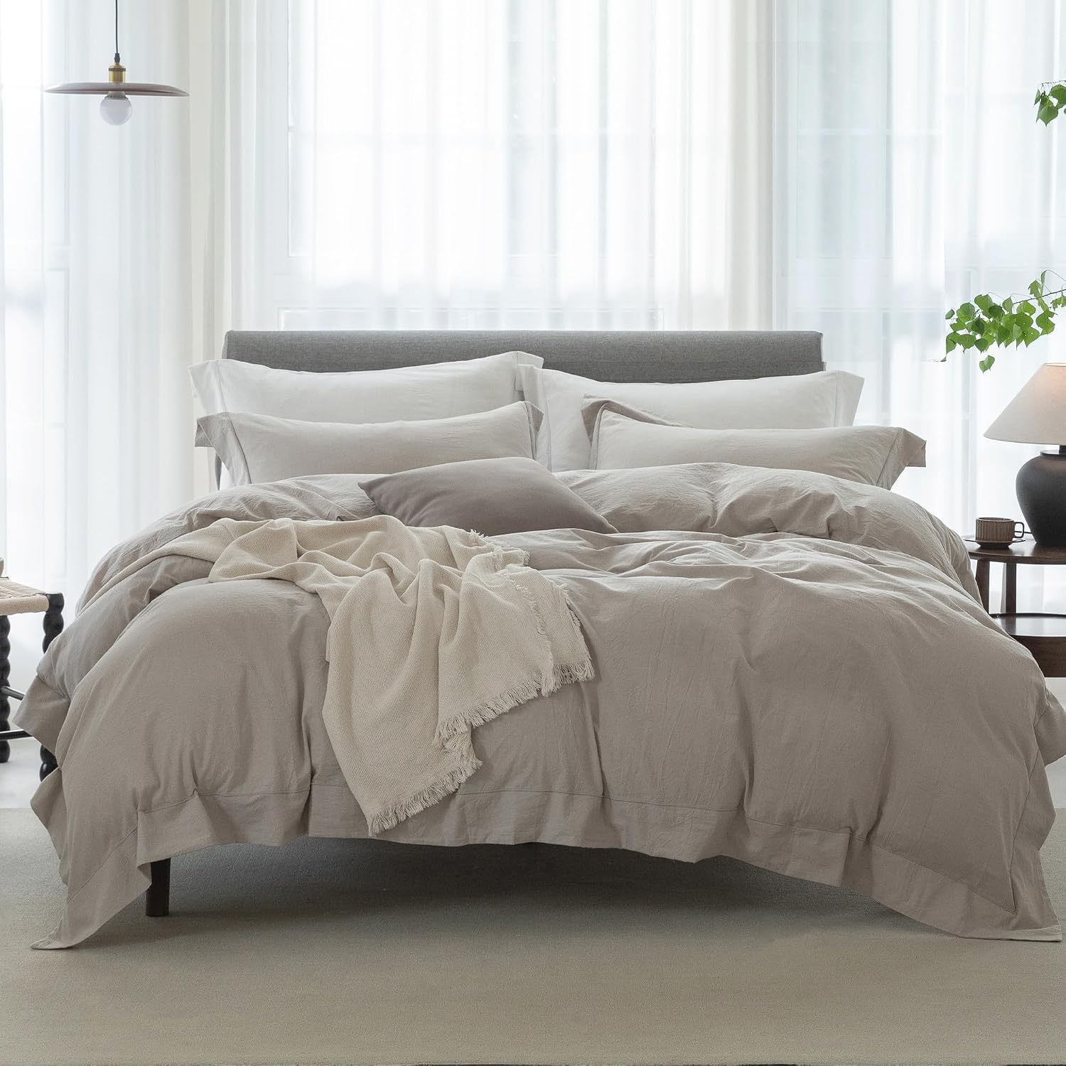 Cooling Duvet Cover Set 3 Pieces-100% Washed Cotton with Chic Wide Trim Design Linen Like Textured Ultra Soft Cozy Bedding with Zipper Closure(Hemmed Beige Grey,Oversized King 120'x98')