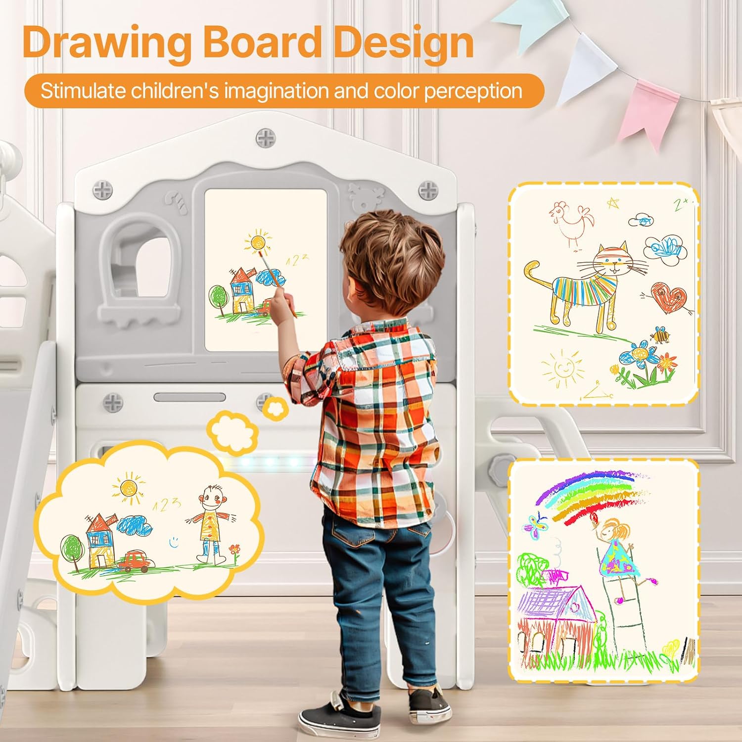 BIERUM 9 in 1 Toddler Slide Set - Baby Slide for Toddlers 1-3 with Colorful Lights, Drawing Board and Building Blocks Board, Indoor Outdoor Toddler Playset Playground, White Gray