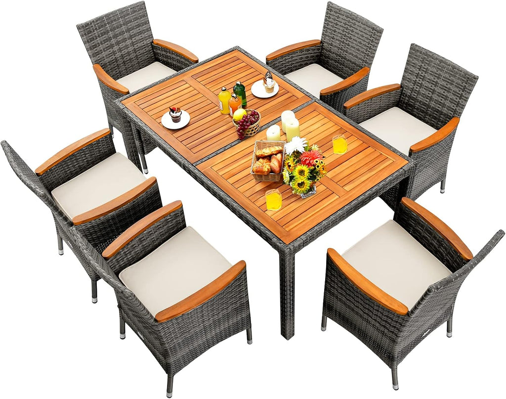Tangkula 7 Pieces Outdoor Dining Furniture Set, Patio Rattan Conversation Set with Spacious Acacia Wood Table, 6 Chairs with Widened Armrests, Non-slip Foot Pads, Suitable for Backyard Poolside (Grey)