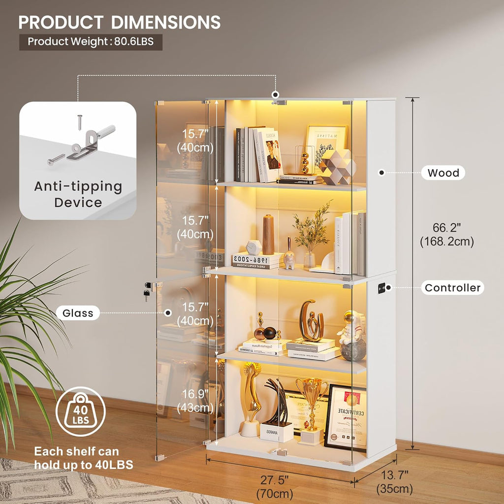 HNEBC White Display Cabinet with Glass Door,Lighted 4-Tier Curio Cabinet with3 Color Lights for Collectibles Bookcases,66' Display Case with Human Body Sensor for Living Room/Game Room