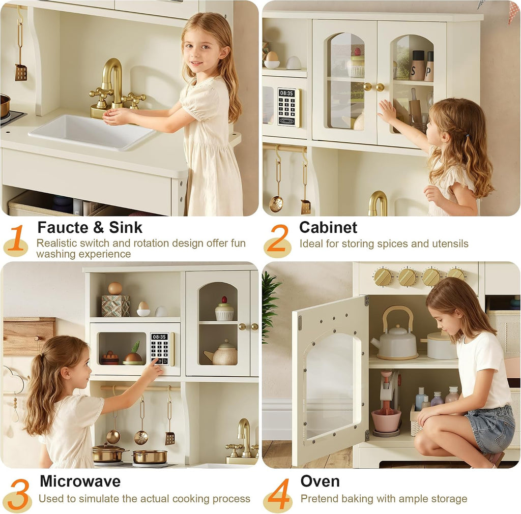knoworld Play Kitchen for Kids, Wooden Toy Kitchen Set with Smart Storage & Accessories, Toddler Kitchen Playset with Stove & Oven, Pretend Play Set, Gift for Ages 3+, White