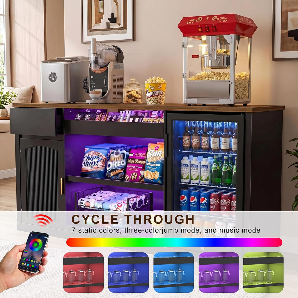 GDLF Snack Bar Cabinet with Fridge Space, 70.1' Snack Organizer with Storage and Candy Display Shelf, Coffee Station for Home Theater or Game Room with LED Lights, Black