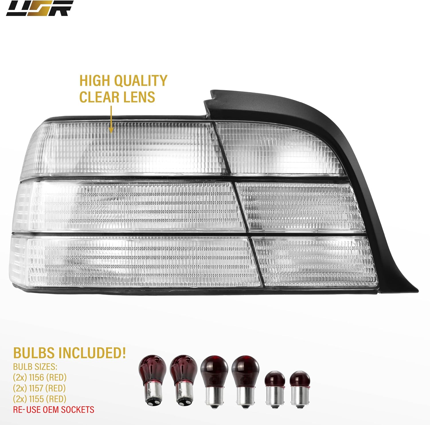 USR 92-99 E36 Coupe Tail Light – Rear Tail Lamps Set (Left + Right) Compatible with 1992-1999 BMW E36 3 Series 2 Door Coupe & Convertible 318/325/328/M3 (OE FROSTED ALL CLEAR LENS with BULBS)