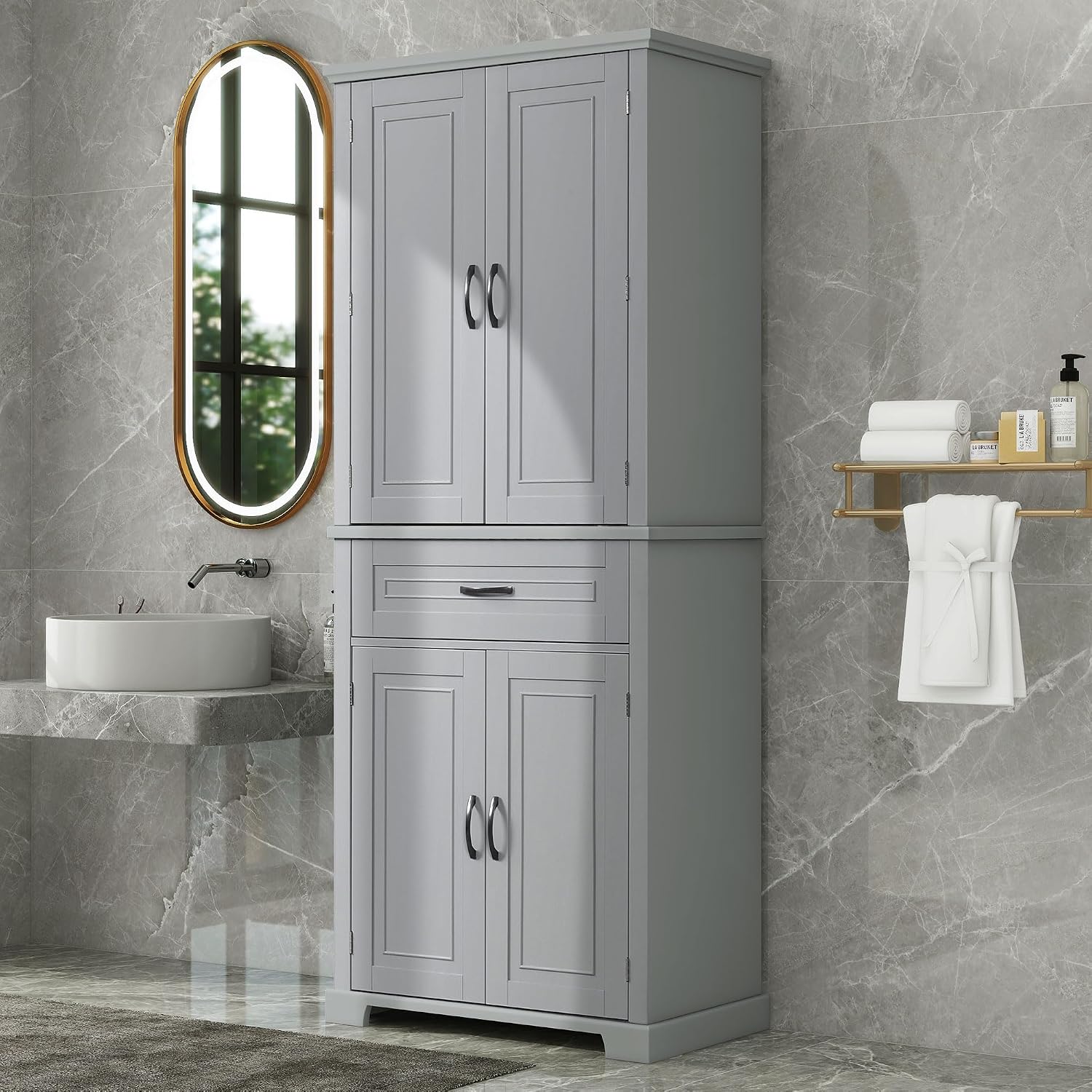72.2' Storage Cabinet with Doors and Drawers, Tall and Wide Kicthen Pantry Cupboard Home Display Organizer with Door Shelf Rack for Bathroom, Adjustable Shelf, Gray