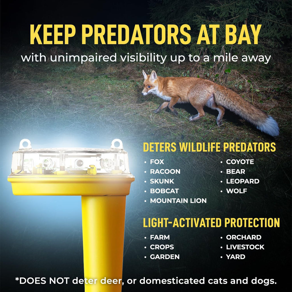 Solar Foxlights Predator Deterrent 9-LED Night Wildlife Repeller with 360° Coverage, Random Flashing Colors – Humane, Solar or Battery-Powered Protection for Chickens, Goats, Gardens Farms & Vineyards