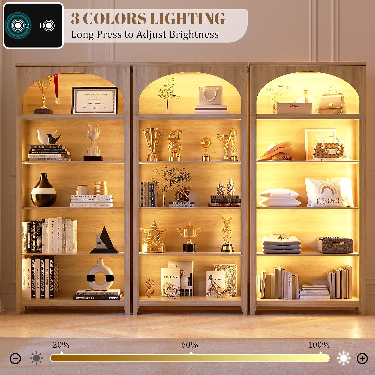 5-Tier LED Arched Bookshelf with Lights - 70'' Tall Bookcase with Storage, Floor Standing Modern Display Shelf for Living Room, Office, Study Room, Entryway, Ideal Gift, Natural Oak