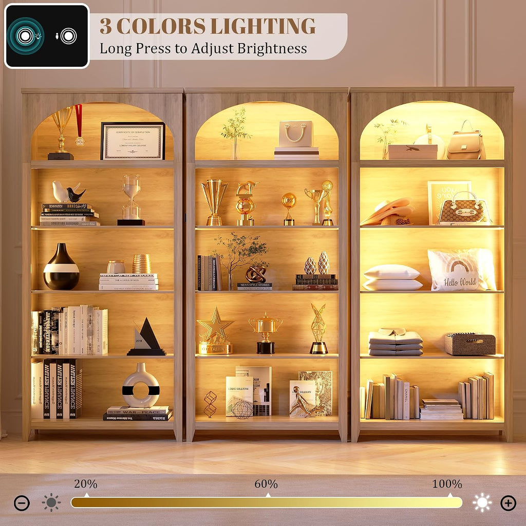 2pc LED Arched Bookshelf with Lights - 70'' Tall Bookcase with Storage, 5-Tier Floor Standing Modern Display Shelf for Living Room, Office, Study Room, Entryway, Ideal Gift, Natural Oak