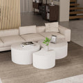 White Round Coffee Table Set of 3 Modern Drum Circle Nesting Coffee Tables for Living Room, Contemporary Wood Fluted Embossed Round+Small Crescent Coffee Table, No Assembly, White(3-Pcs)
