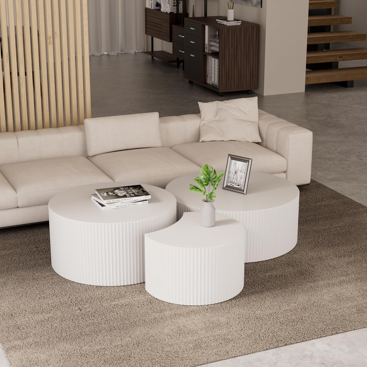 White Round Coffee Table Set of 3 Modern Drum Circle Nesting Coffee Tables for Living Room, Contemporary Wood Fluted Embossed Round+Small Crescent Coffee Table, No Assembly, White(3-Pcs)