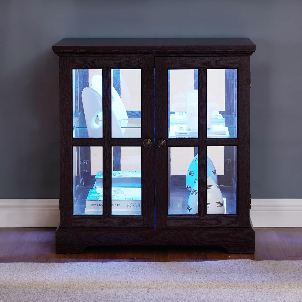 KEIKI Lighted Curio Cabinet, Glass Display Cabinet with 2 Doors & Adjustable Shelves, LED Light Strip, Cherry