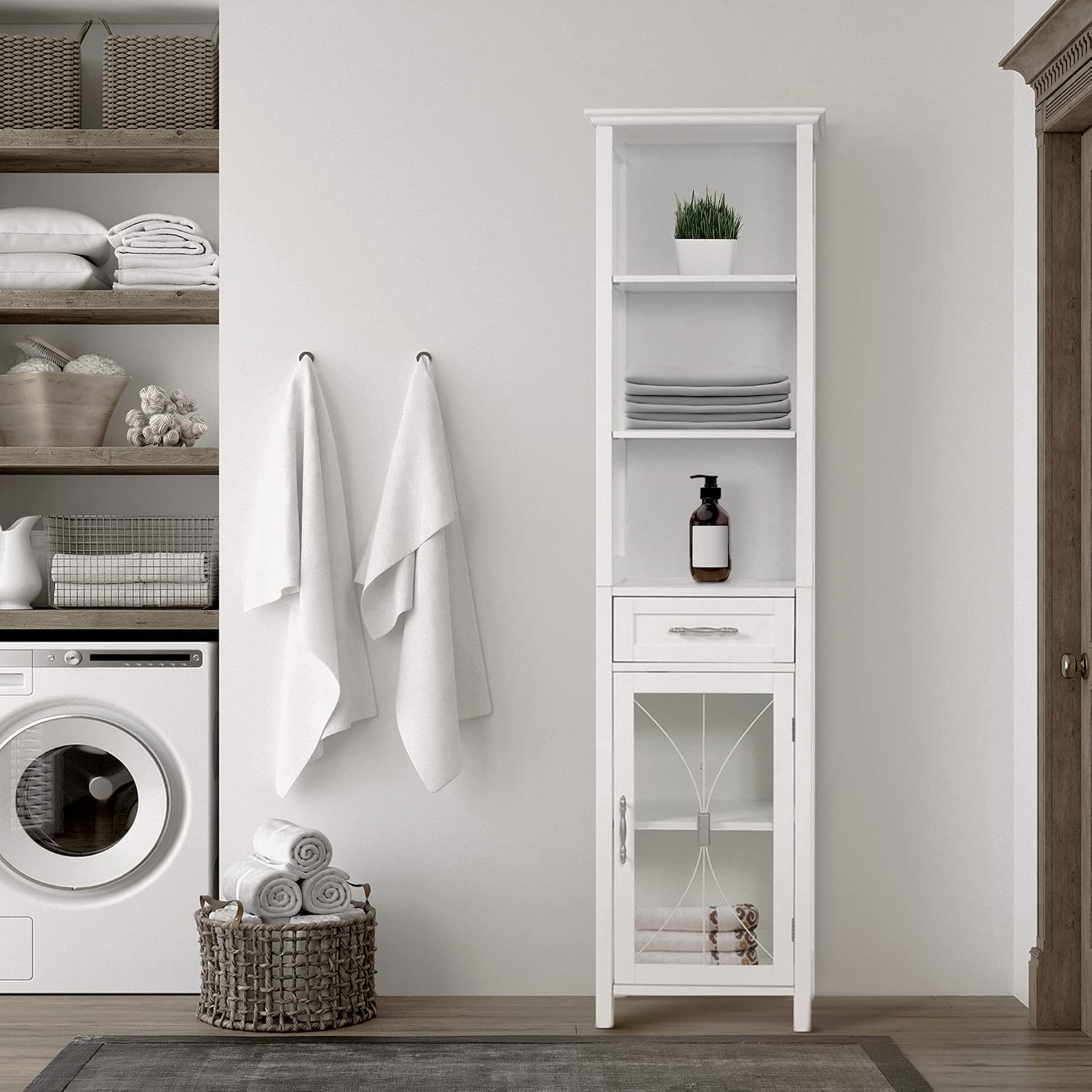 Teamson Home Delaney Wooden Linen Cabinet with Drawer and Open Shelves, White