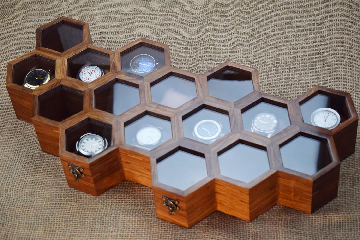 Royal Craft Expertise Dark Rosewood Honeycomb Watch Box - Sixteen Slot Display Case, Wooden Organizer for Men
