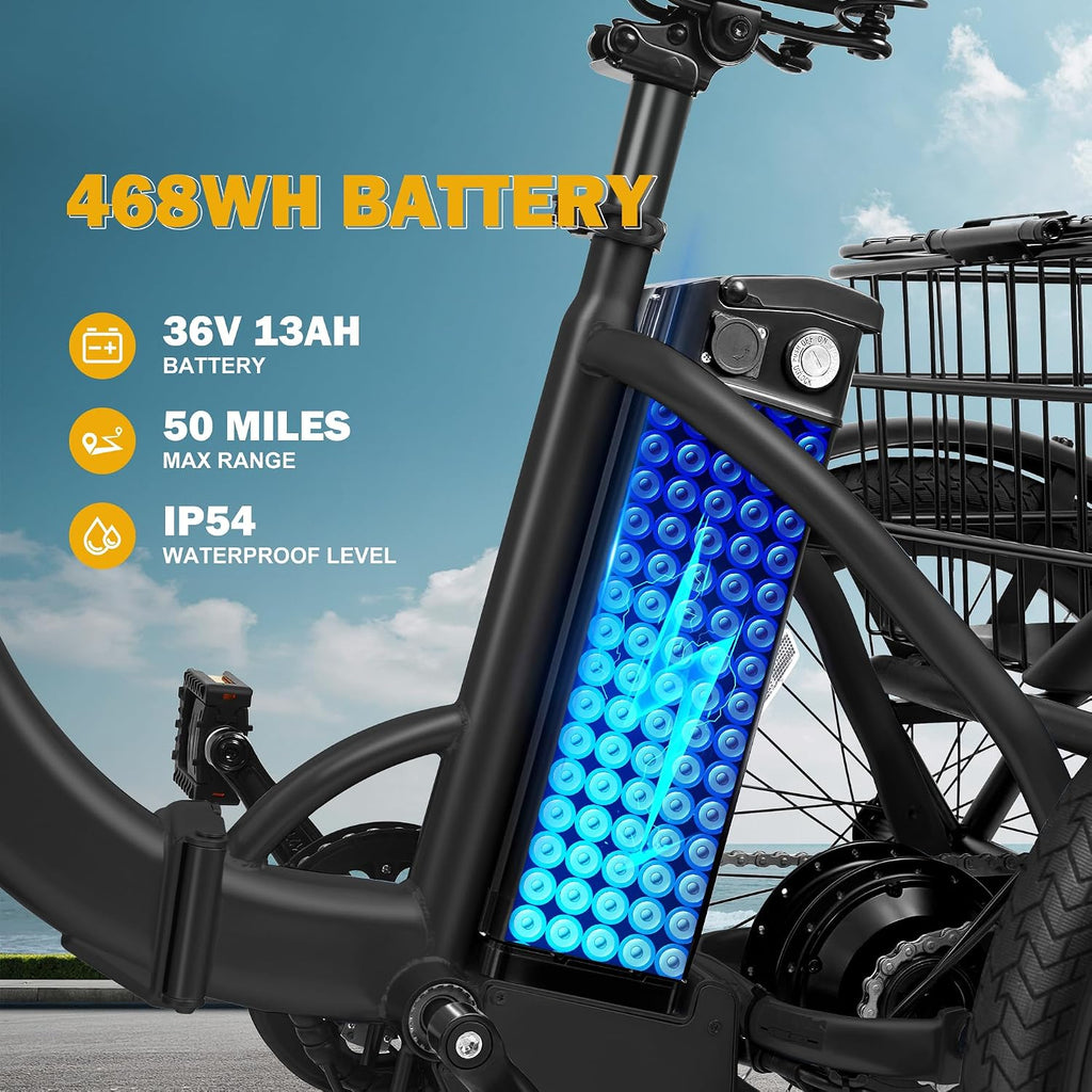 Qlife Triker Electric Bike, Peak 1200W Brushless Motor Folding Trike Ebike, 499Wh Removable Battery, Step-Thru 3 Wheel Electric Bicycle, Up to 55 Miles, 18 Tire Tricycle for Adults