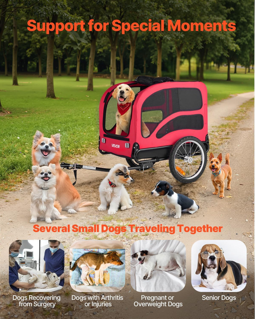 VEVOR Dog Bike Trailer, Supports up to 100 lbs, Pet Cart Bicycle Carrier, Easy Folding Frame with Quick Release Wheels, Universal Bicycle Coupler, Reflectors, Flag, Collapsible to Store
