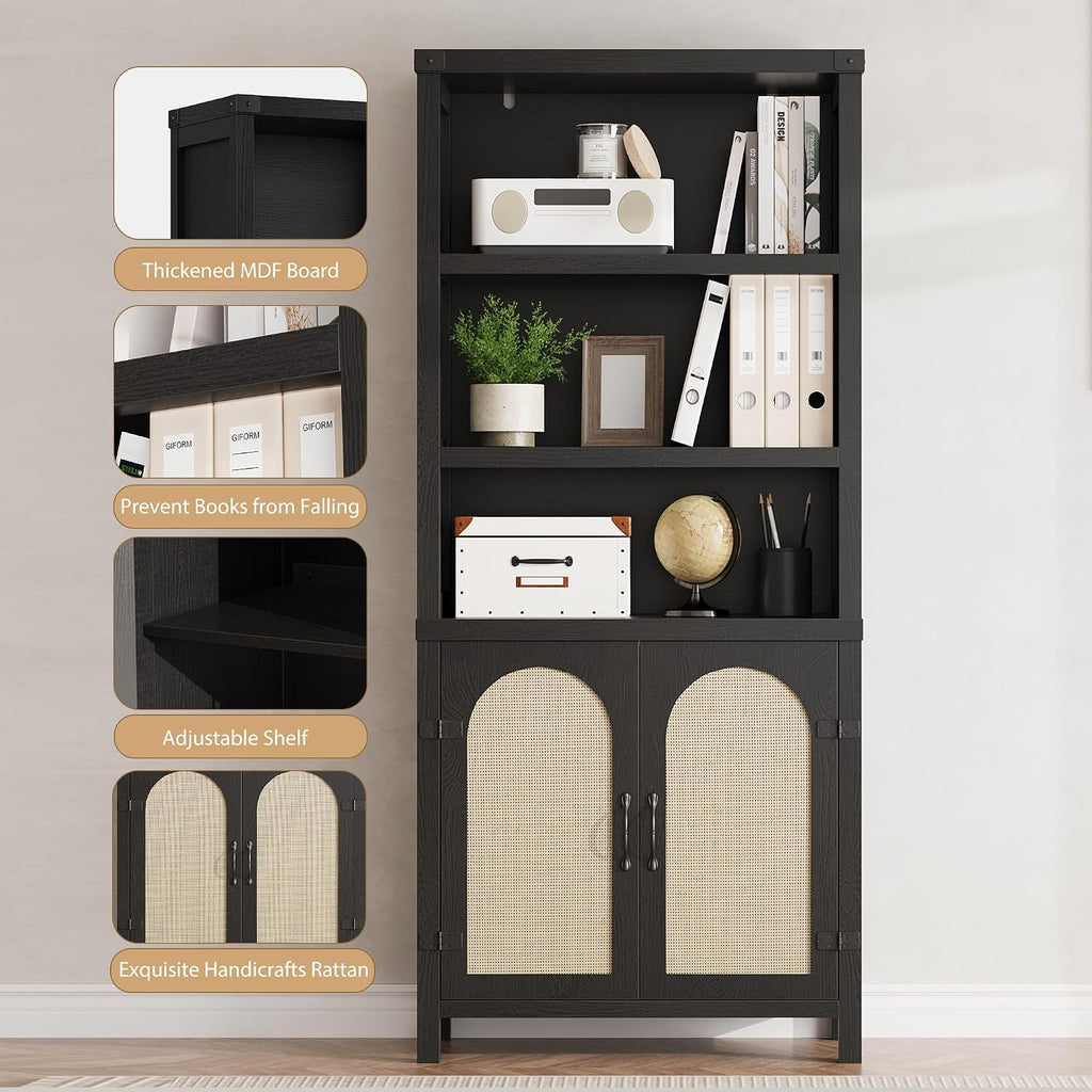 GarveeHome Bookshelf and Bookcase with Doors, 5 Tier Double Wide Large Bookshelves, Open Display Shelves, 70'' Tall Bookshelf with Storage Cabinets for Home Office, Living Room, Library, Black