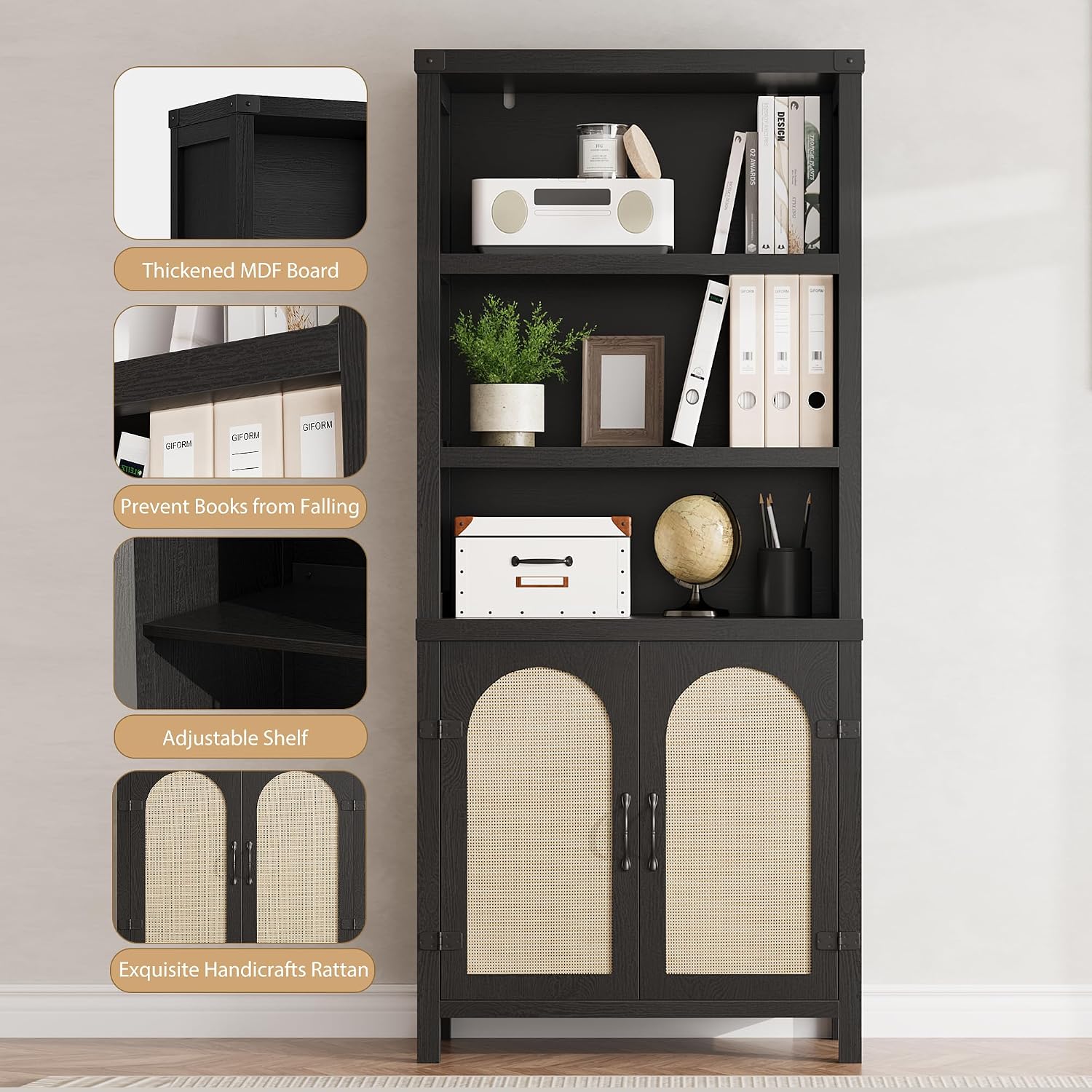 GarveeHome Bookshelf and Bookcase with Doors, 5 Tier Double Wide Large Bookshelves, Open Display Shelves, 70'' Tall Bookshelf with Storage Cabinets for Home Office, Living Room, Library, Black