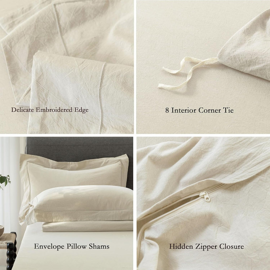 Cooling Duvet Cover Set 3 Pieces-100% Washed Cotton with Chic Wide Trim Design Linen Like Textured Ultra Soft Cozy Bedding with Zipper Closure(Hemmed Almond Grey,Oversized King 120'x98')