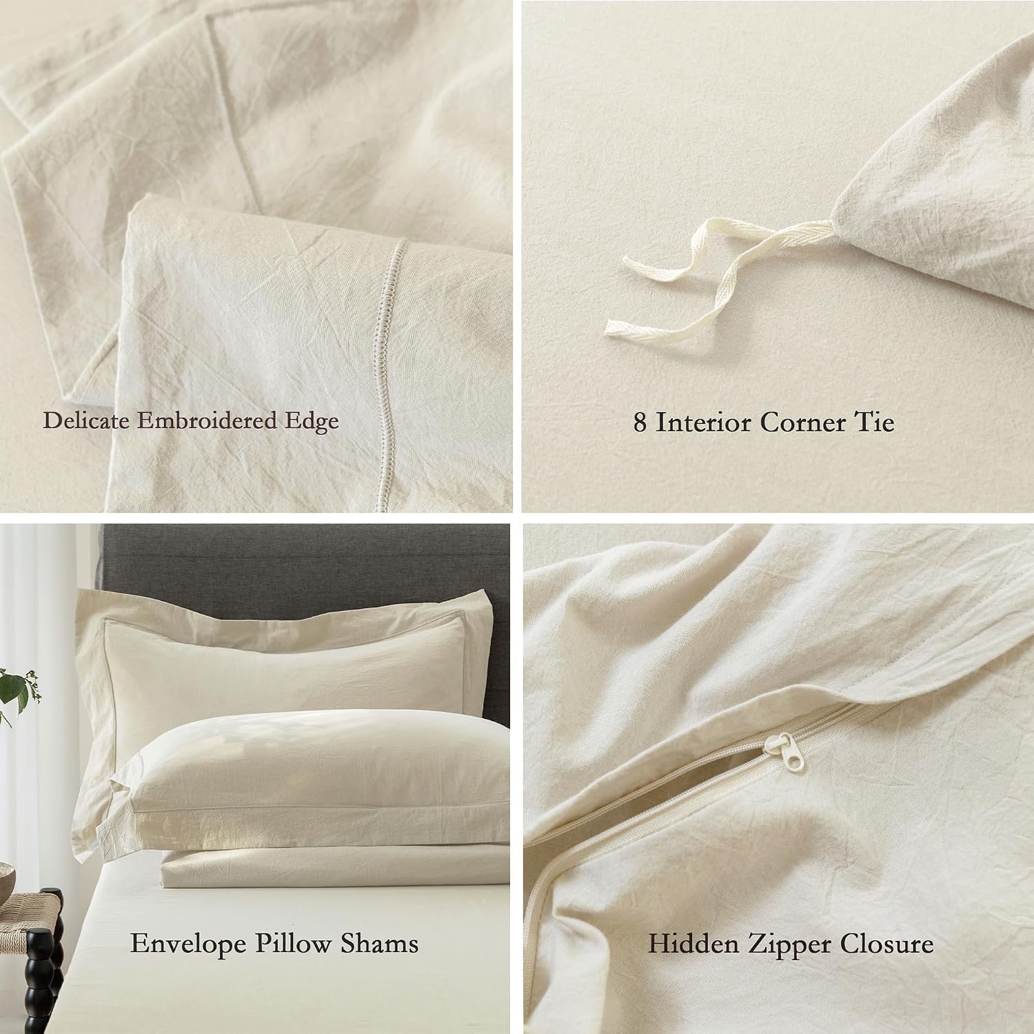Cooling Duvet Cover Set 3 Pieces-100% Washed Cotton with Chic Wide Trim Design Linen Like Textured Ultra Soft Cozy Bedding with Zipper Closure(Hemmed Almond Grey,Oversized King 120'x98')