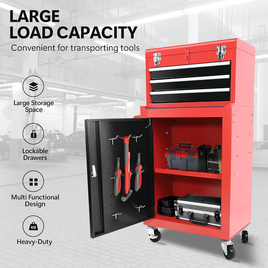 3-Drawer Rolling Tool Chest with Wheels, Tool Chest with Large Storage Cabinet and Adjustable Shelf, Removable Portable Top Box with Locking System Tool Chest for Garage, Warehouse