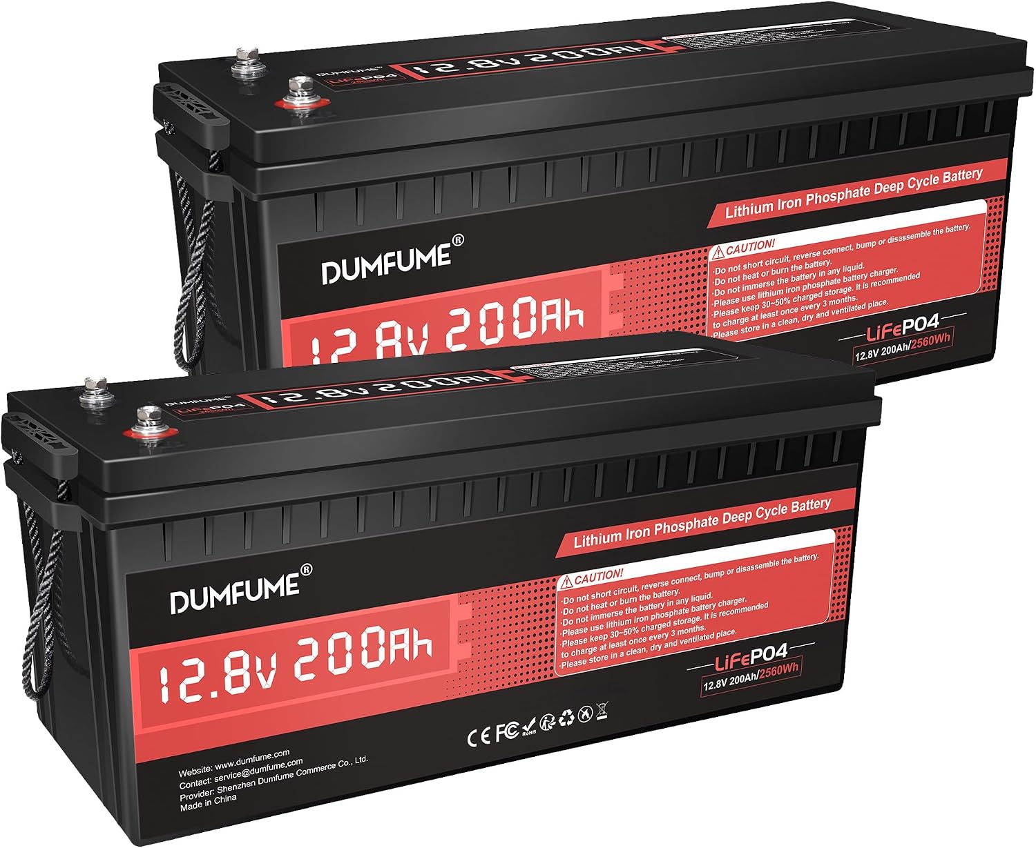 2 pack Dumfume 12V 200Ah LiFePO4 Lithium Battery,2560Wh Energy,1280W Load,200A BMS & 95% Discharge Efficiency,15000+ Cycles for Solar RV Off-Grid Camping Home Backup