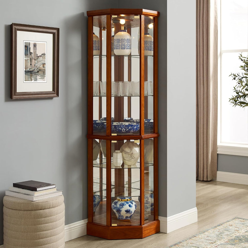 Corner Curio Cabinet, 70' Tall Lighted Glass Display Cage with Tempered Glass Doors and 5 Adjustable Shelves, Wine Bar China Cabinet for Living Room (E26 Bulb Not Inclued) (Oak & Style 2)