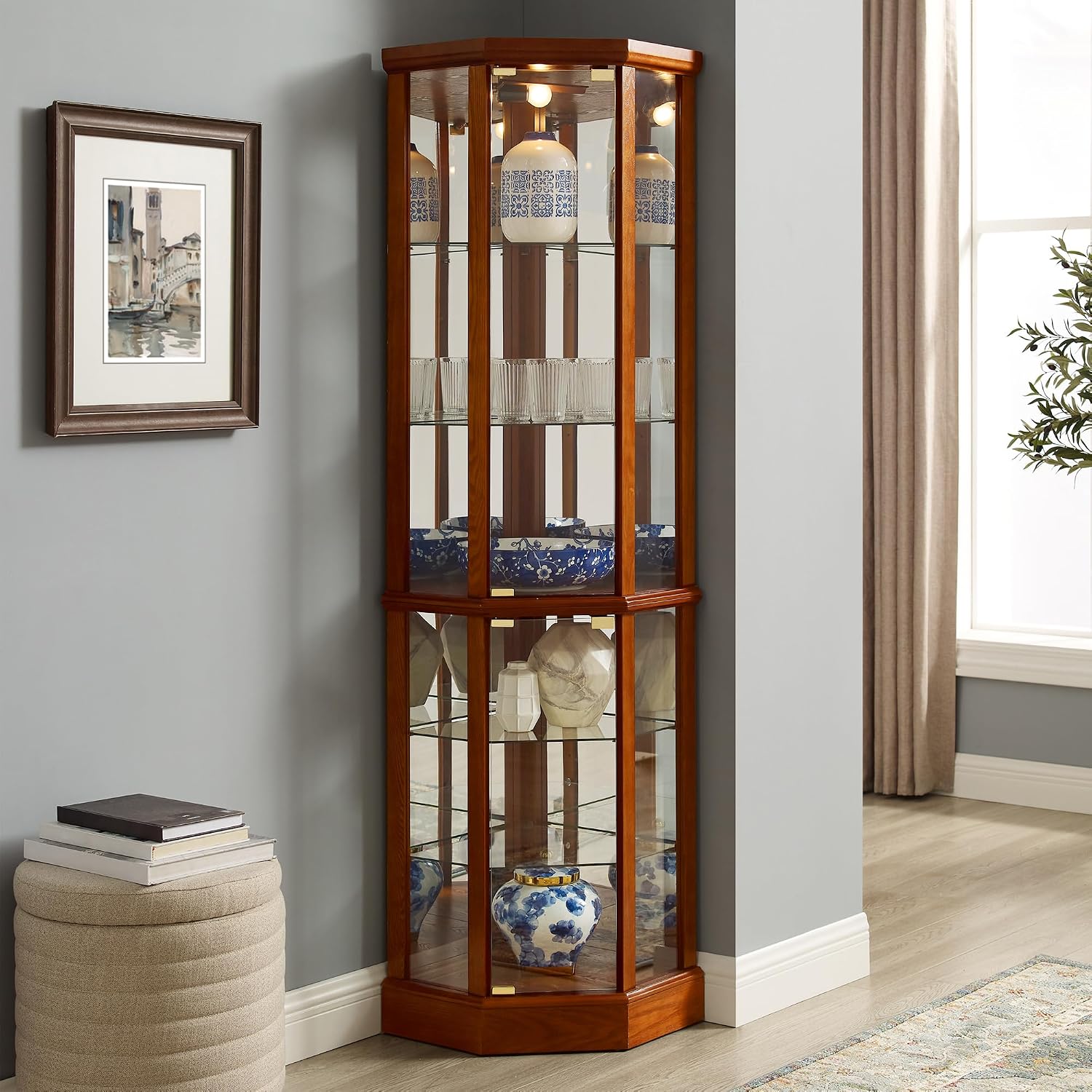 Corner Curio Cabinet, 70' Tall Lighted Glass Display Cage with Tempered Glass Doors and 5 Adjustable Shelves, Wine Bar China Cabinet for Living Room (E26 Bulb Not Inclued) (Oak & Style 2)