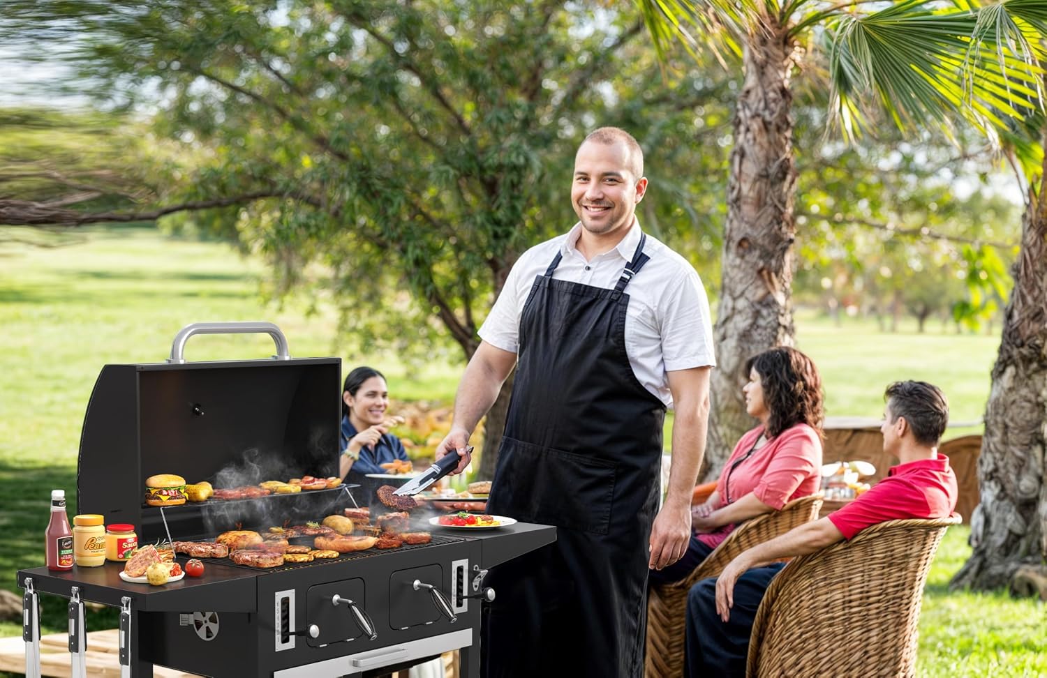 VICLLAX Extra-Large Premium Charcoal Grill - Smoker Grill with 600 sq in Cooking Space, Dual Adjustable Trays & Foldable Side Tables, Enamel-Coated Grills for Professional BBQ Experience