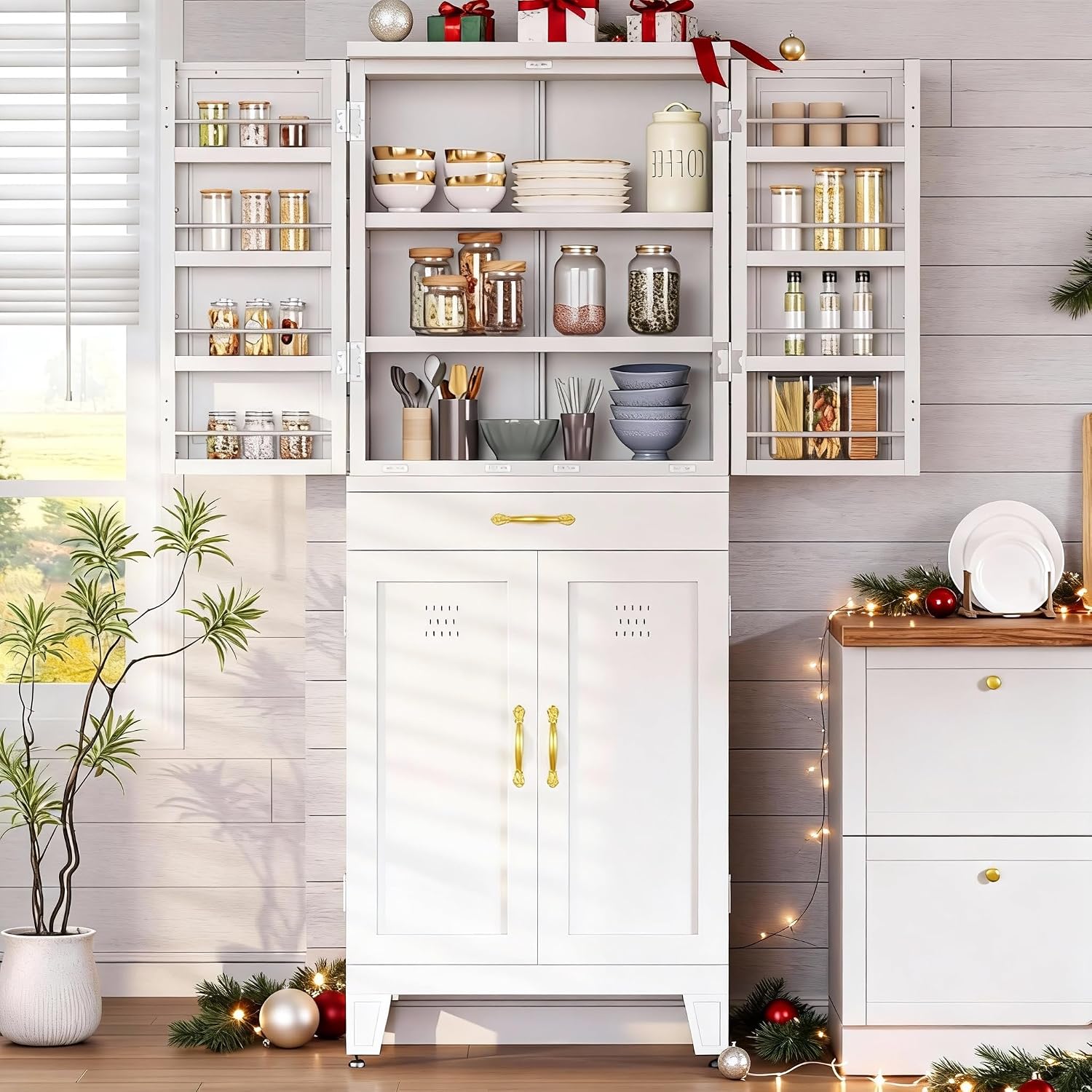 DWVO Metal Storage Cabinet, 71' Kitchen Pantry Cabinet with 4 Door & 4 Adjustable Shelves & Drawer & Door Rack, 6-Tier Tall White Steel Cabinets for Kitchen, Living Room, Dining Room