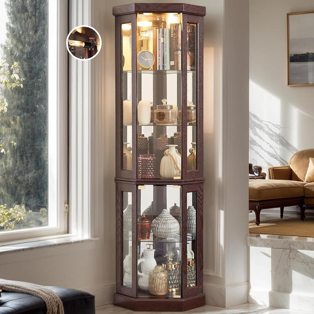 70' Lighted Corner Curio Cabinet, Wood China Display Case with Tempered Glass Doors & Adjustable Shelves, Light Bulb Included, Tall Wine Storage Rack for Bar and Liquor Storage (Dark Cherry)