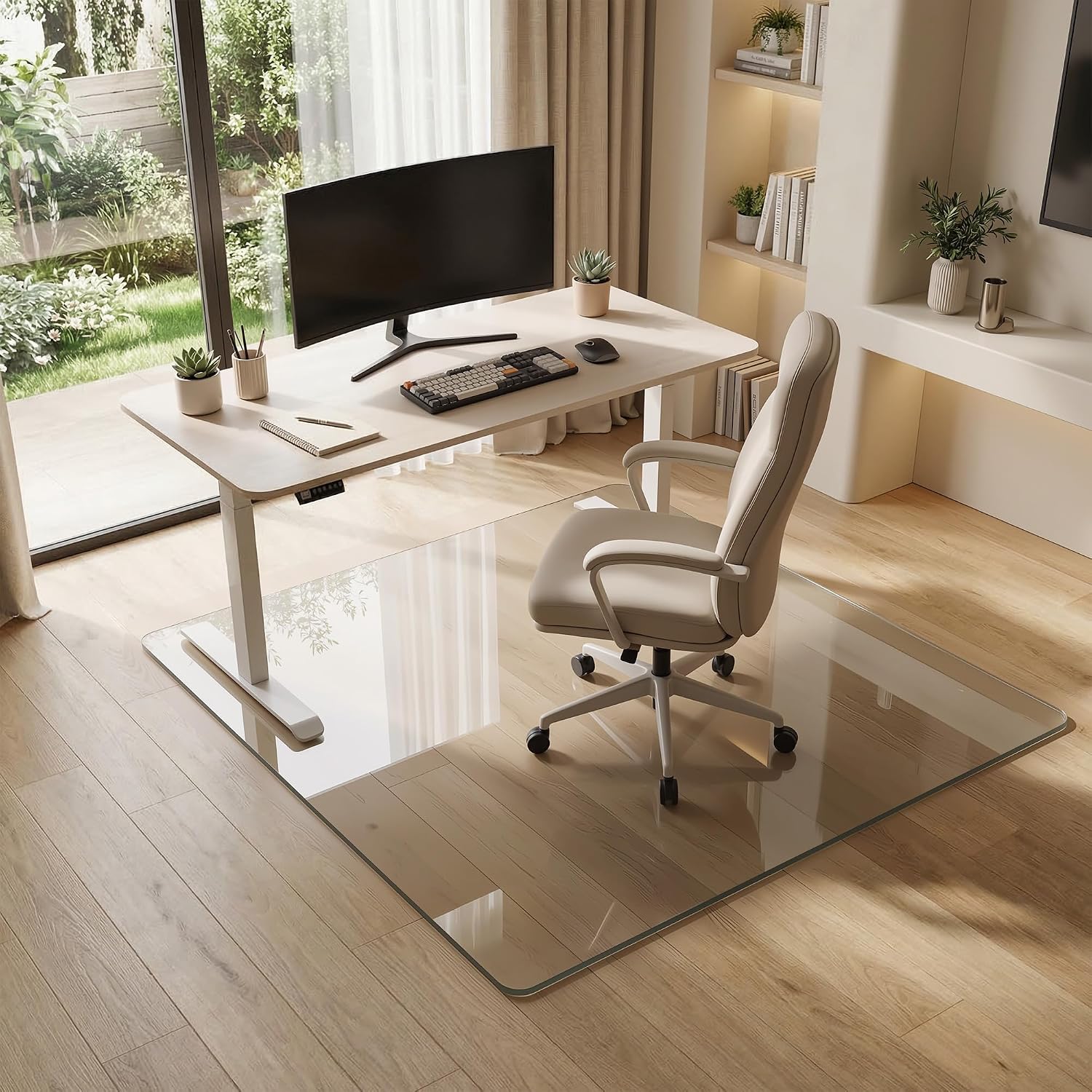 Tempered Glass Chair Mat for Hardwood Floor, 45' x 45' Heavy Duty Glass Office Chair Mat, for Low Pile Carpet, 0.2' Thick with 4 Non-Slip Pads, Smooth Rolling for Home & Office