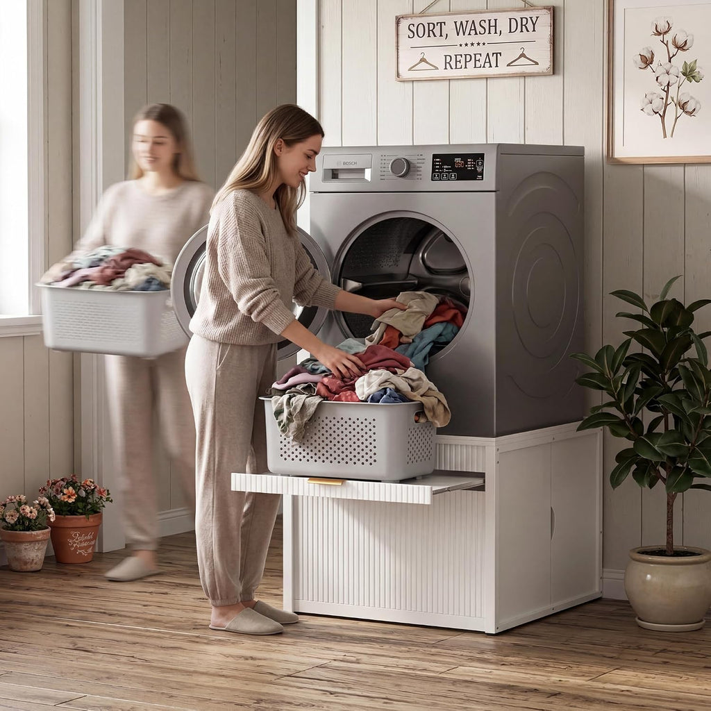DTK Laundry Workstation Washer Dryer Pedestal with Pull-Out Laundry Basket Shelf,Washer and Dryer Stand with Storage Drawer,Waterproof Steel Top&Anti-Slip Base Fits Most Washing Machines and Dryers