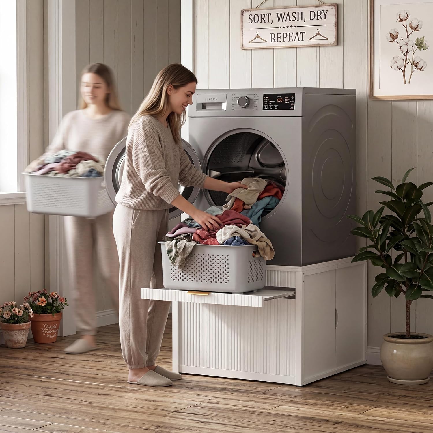 DTK Laundry Workstation Washer Dryer Pedestal with Pull-Out Laundry Basket Shelf,Washer and Dryer Stand with Storage Drawer,Waterproof Steel Top&Anti-Slip Base Fits Most Washing Machines and Dryers