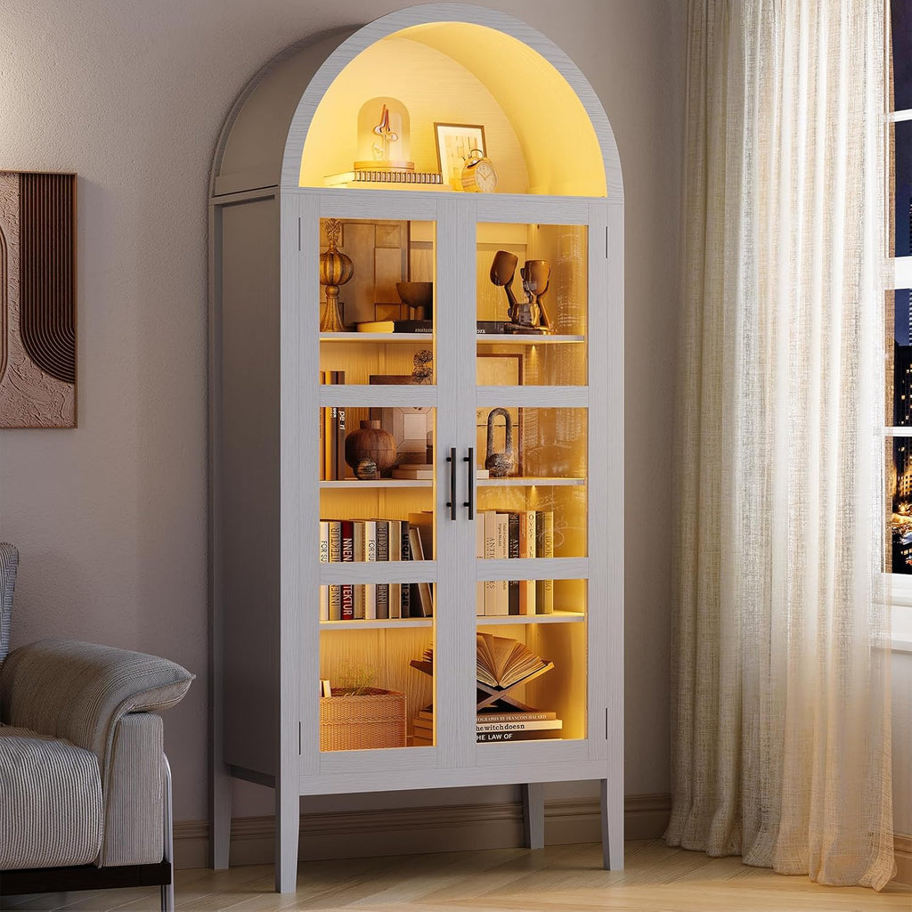 70 in Tall Arched Kitchen Pantry Cabinet with LED Lights, Modern Wood Arched Bookshelf with Glass Doors & Adjustable Shelves, Elegant Display Cabinet for Kitchen, Dining Room, Living Room