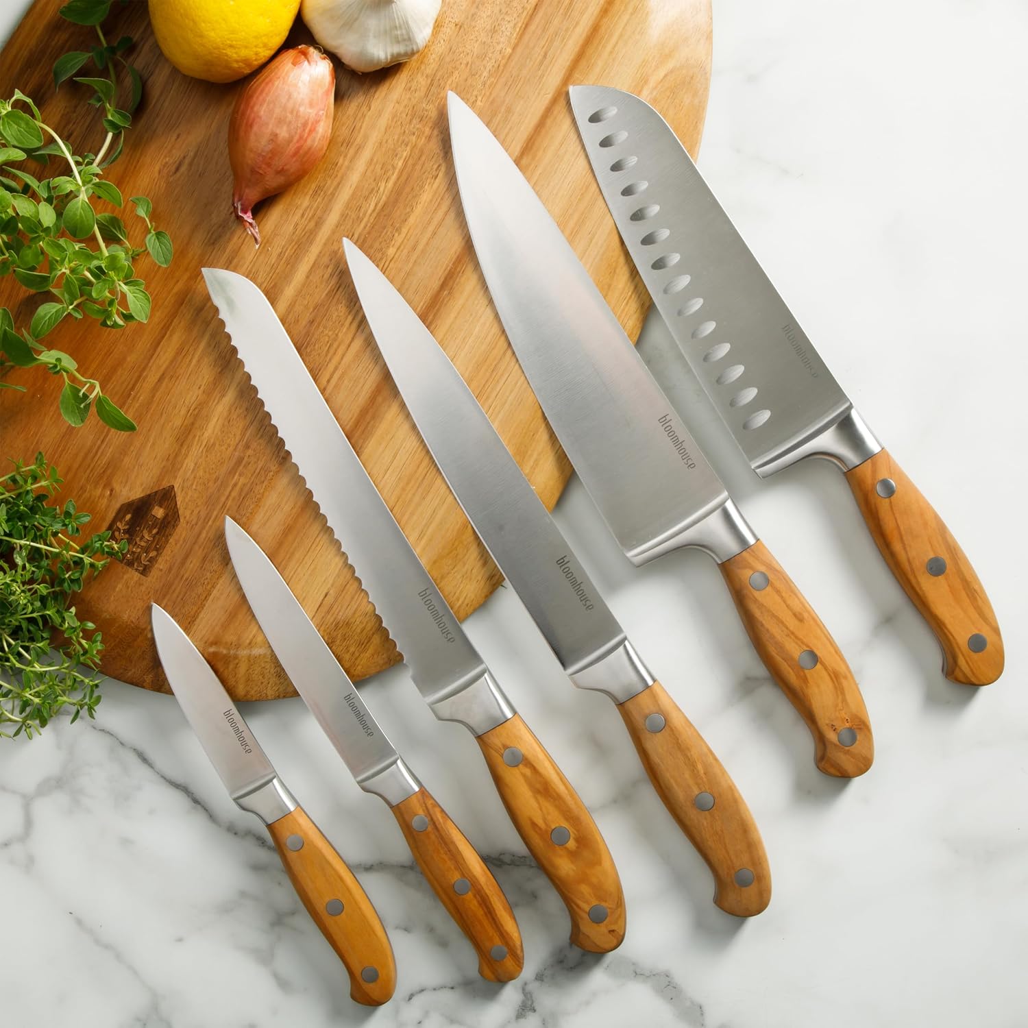 Bloomhouse - Two Time Oprah's Favorite Things Winner - 7 Piece Italian Olive Wood Kitchen Knife Block Set w/German Forged Stainless Steel Knives
