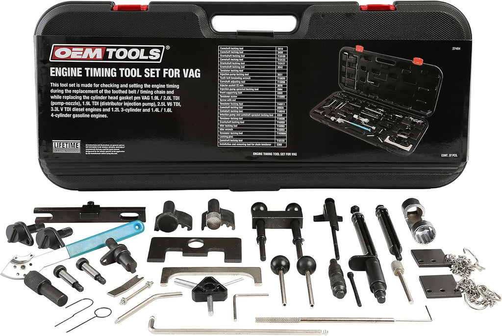 OEMTOOLS 27404 Engine Timing Tool Set for VAG, 37 Piece Engine Timing Locking Tool Kit, for VW and Audi, Timing Tool Kit with Belt Tensioner Tool, Cam Pulley Holder, Camshaft Adjuster