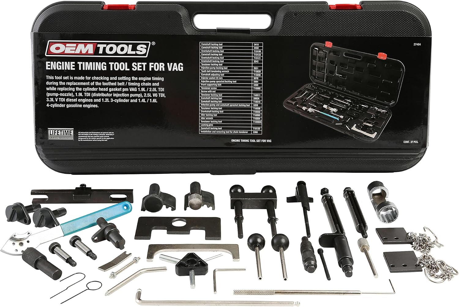 OEMTOOLS 27404 Engine Timing Tool Set for VAG, 37 Piece Engine Timing Locking Tool Kit, for VW and Audi, Timing Tool Kit with Belt Tensioner Tool, Cam Pulley Holder, Camshaft Adjuster