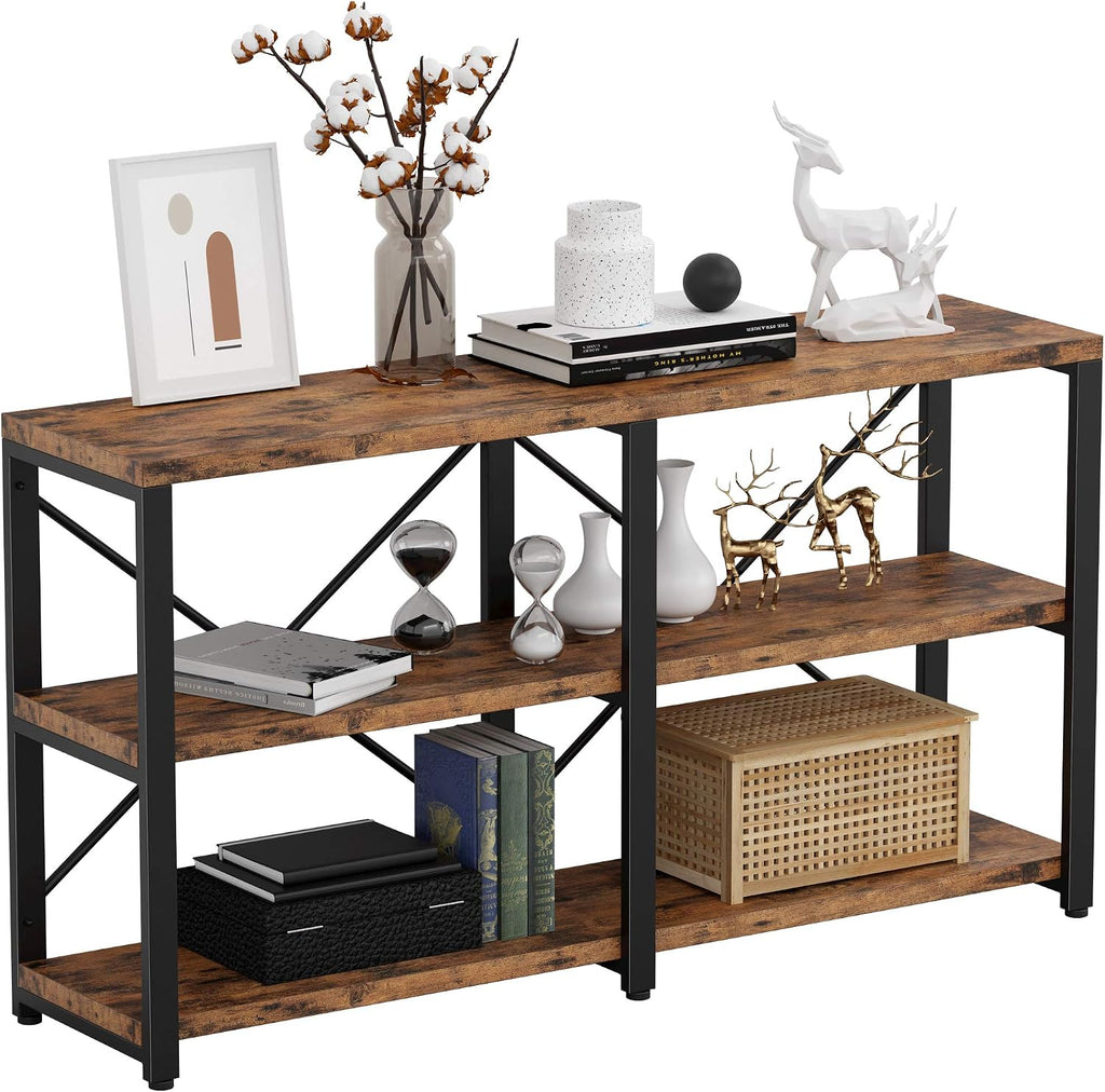 IRONCK Bookshelf Double Wide 55 in 3-Tier, Industrial Bookcases, Wood and Metal Bookshelves, Book Shelves for Home Office Decor Display
