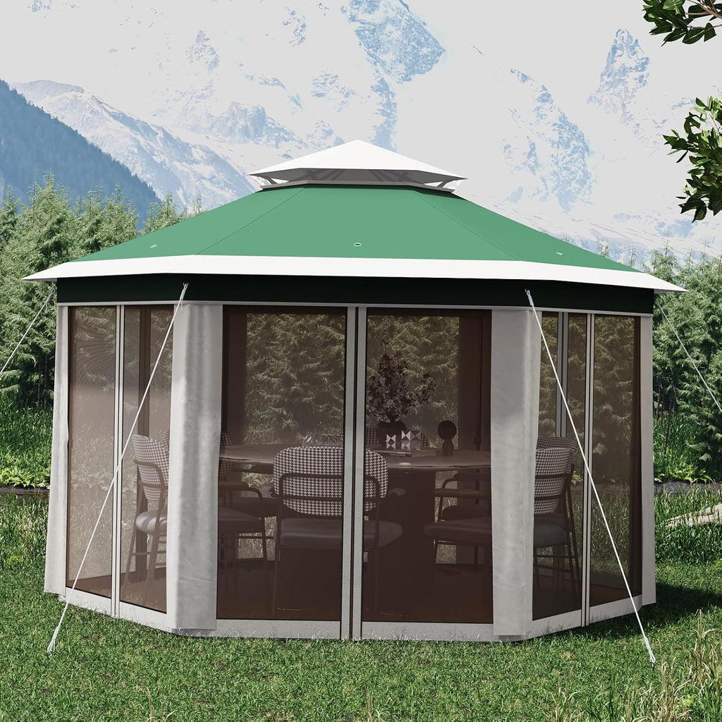 13X13 Pop Up Gazebo,Outdoor Canopy Tent with Mosquito Netting, Double Vented Roof Sun Shelter with Adjustable Heights,Outdoor Gazebo for Backyard & Patio Furniture.(Green with Beige-Hexagonal).