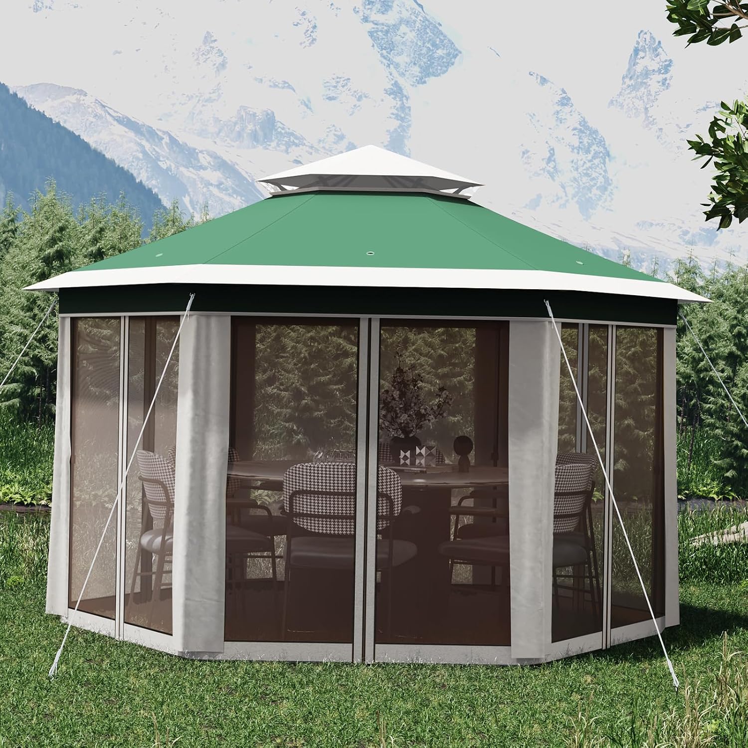 13X13 Pop Up Gazebo,Outdoor Canopy Tent with Mosquito Netting, Double Vented Roof Sun Shelter with Adjustable Heights,Outdoor Gazebo for Backyard & Patio Furniture.(Green with Beige-Hexagonal).