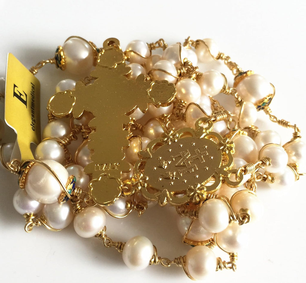 elegantmedical HANDMADE ROSARY Gold plated Wire Wrapped Bead AAA+ White Real Pearl Catholic Necklace Cross Gift Box