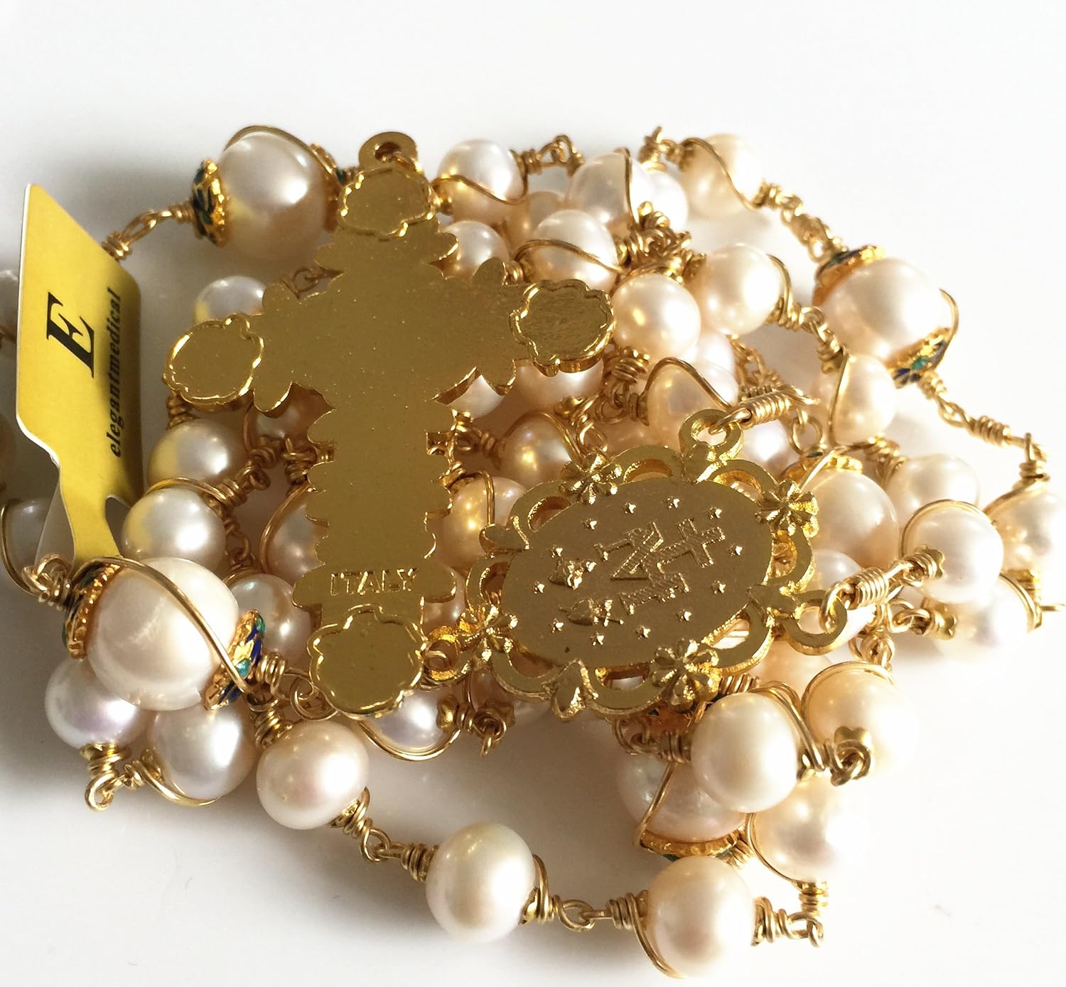 elegantmedical HANDMADE ROSARY Gold plated Wire Wrapped Bead AAA+ White Real Pearl Catholic Necklace Cross Gift Box