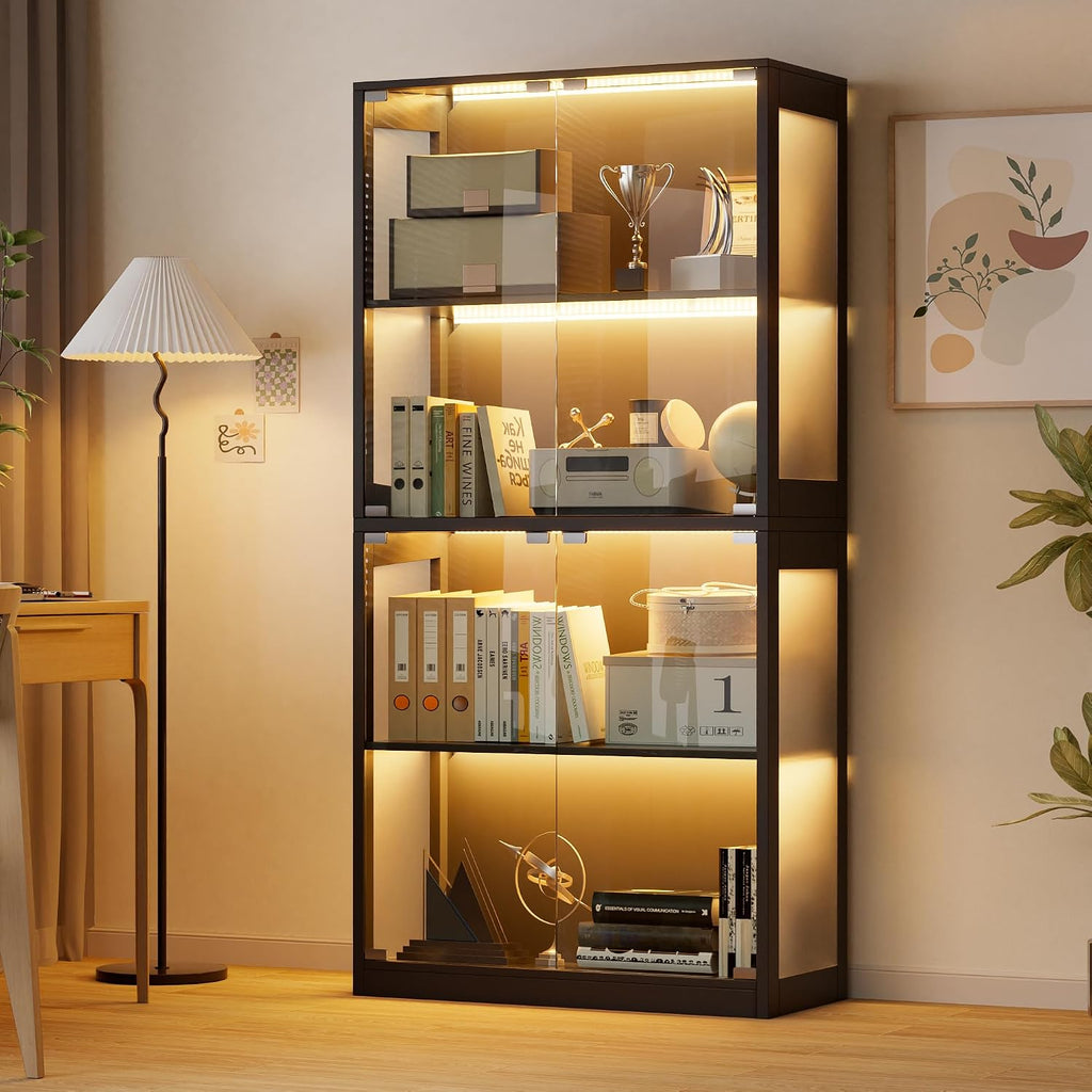 Grepatio Glass Display Cabinet, 4-Tier Display Cases for Collectibles, Curio Cabinet with Smart Color Lights, Display Shelf Bookcase Kids Toy Cabinets for Collectible, Living Room, Playroom (Black)