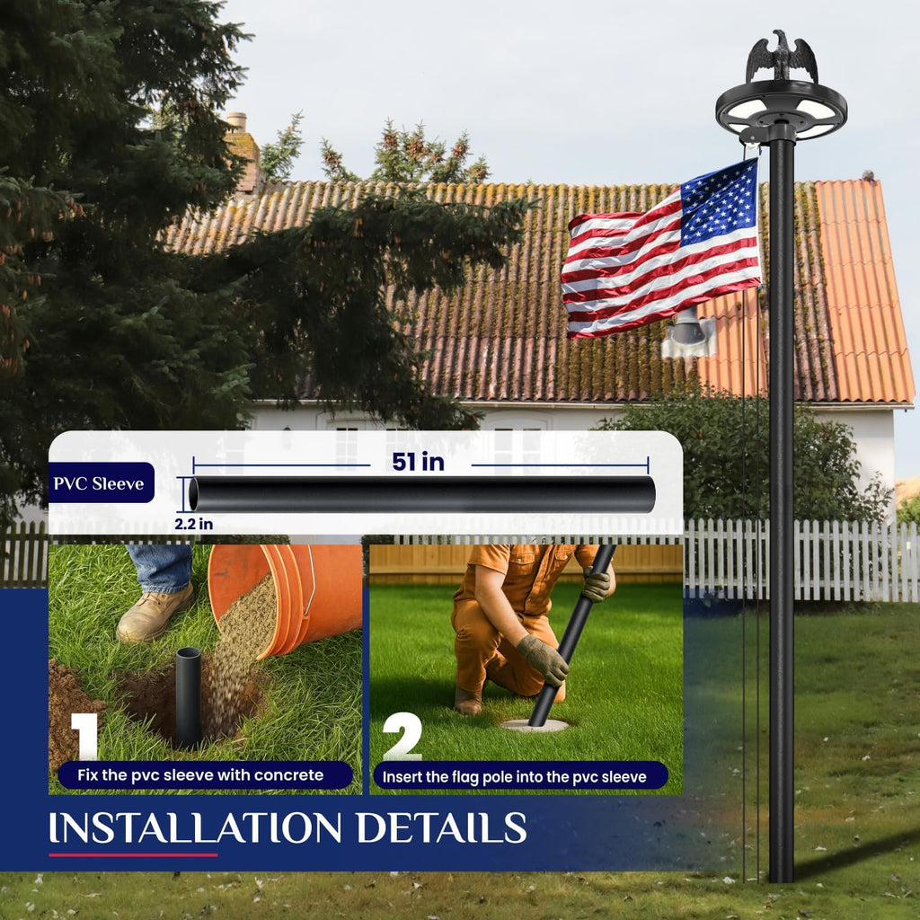 25FT Heavy Duty Flag Pole for Outside House, 100MPH Wind Rated 12 Gauge Extra Thick Aluminum Flagpole Kit, Black Eagle Topper & Solar Light, All-Weather Yard Display with Ground Sleeve, 3x5 USA Flag (Black, 25 FT with Light)