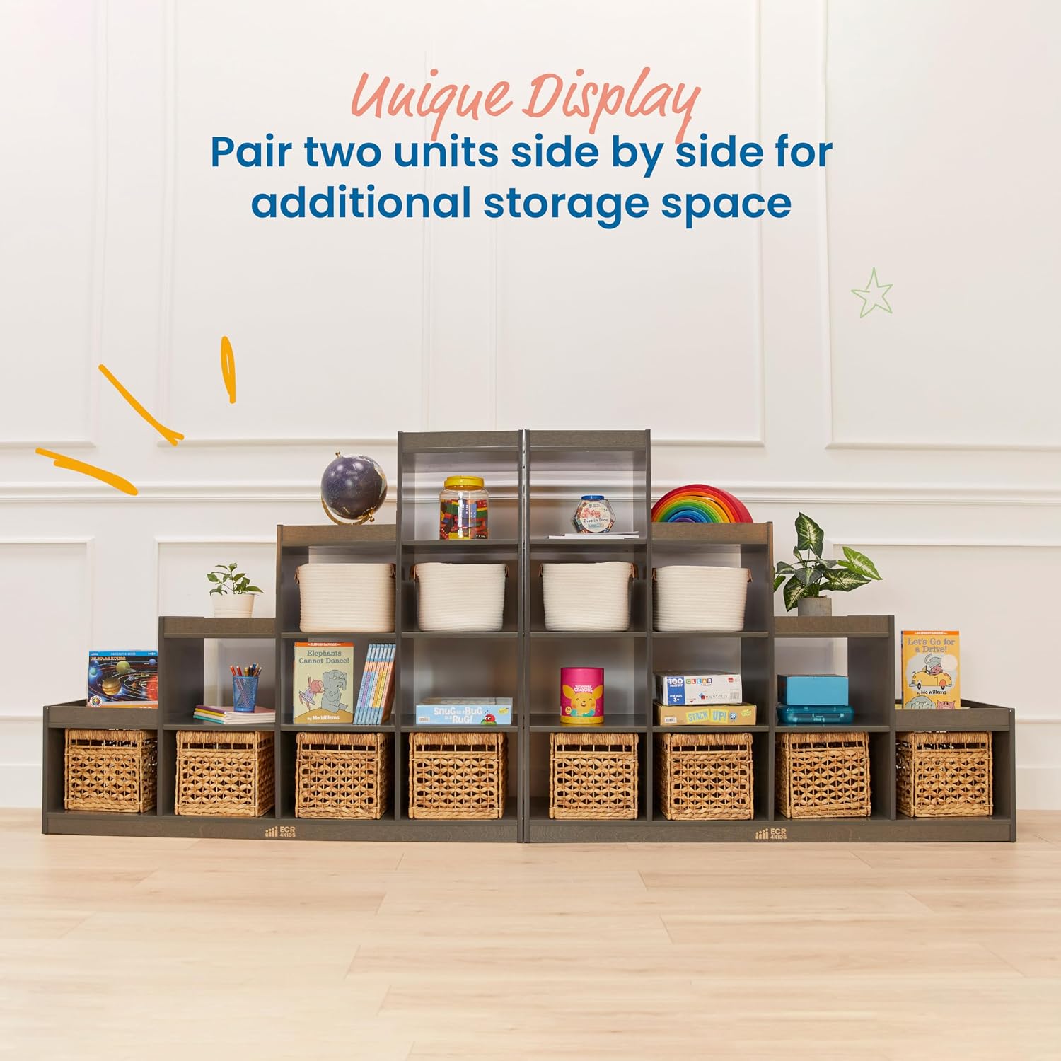 ECR4Kids 4-3-2-1 Double-Sided Cube Storage Organizer, Classroom Furniture, Grey Wash