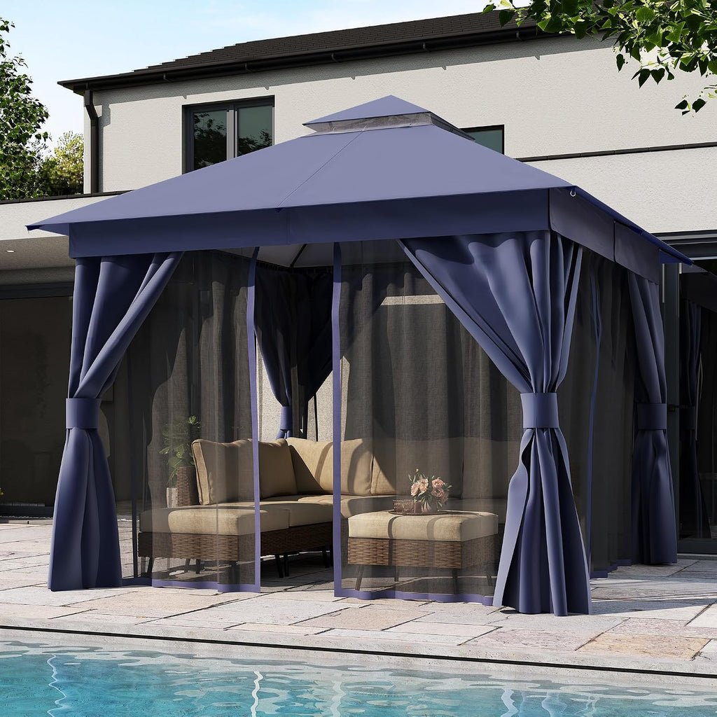 LAUSAINT HOME Patio Gazebo 10'x10', Outdoor Heavy Duty Party Tent Shelter with Double Roofs, Mosquito Nettings and Privacy Screens for Backyard, Garden, Lawn, Navy Blue