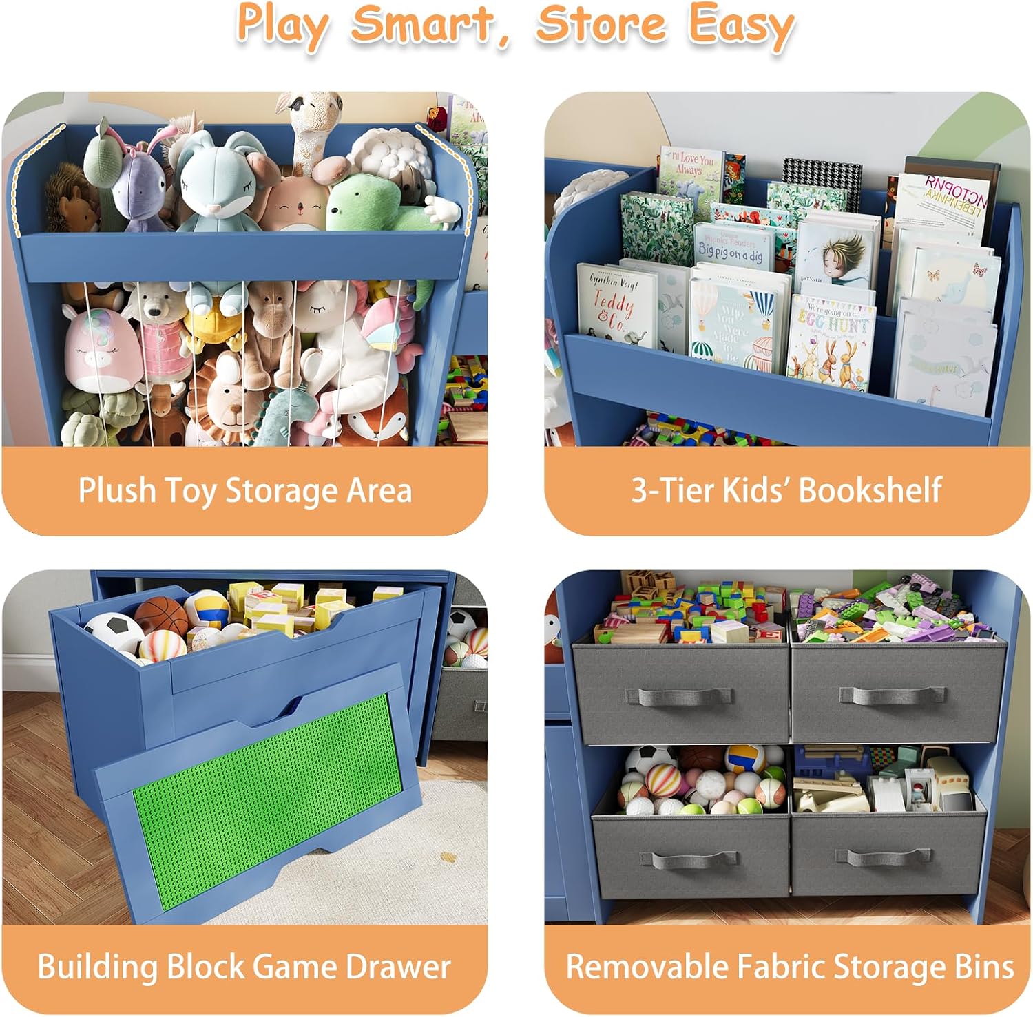 51.1' W Toy Storage Organizer with Stuffed Animal Storage, Kids Bookshelf with 4 Removable Bins, Movable Toy Box with Buildable Baseplate Lid Compatible with Lego Bricks, Ideal for Kids Room Playroom