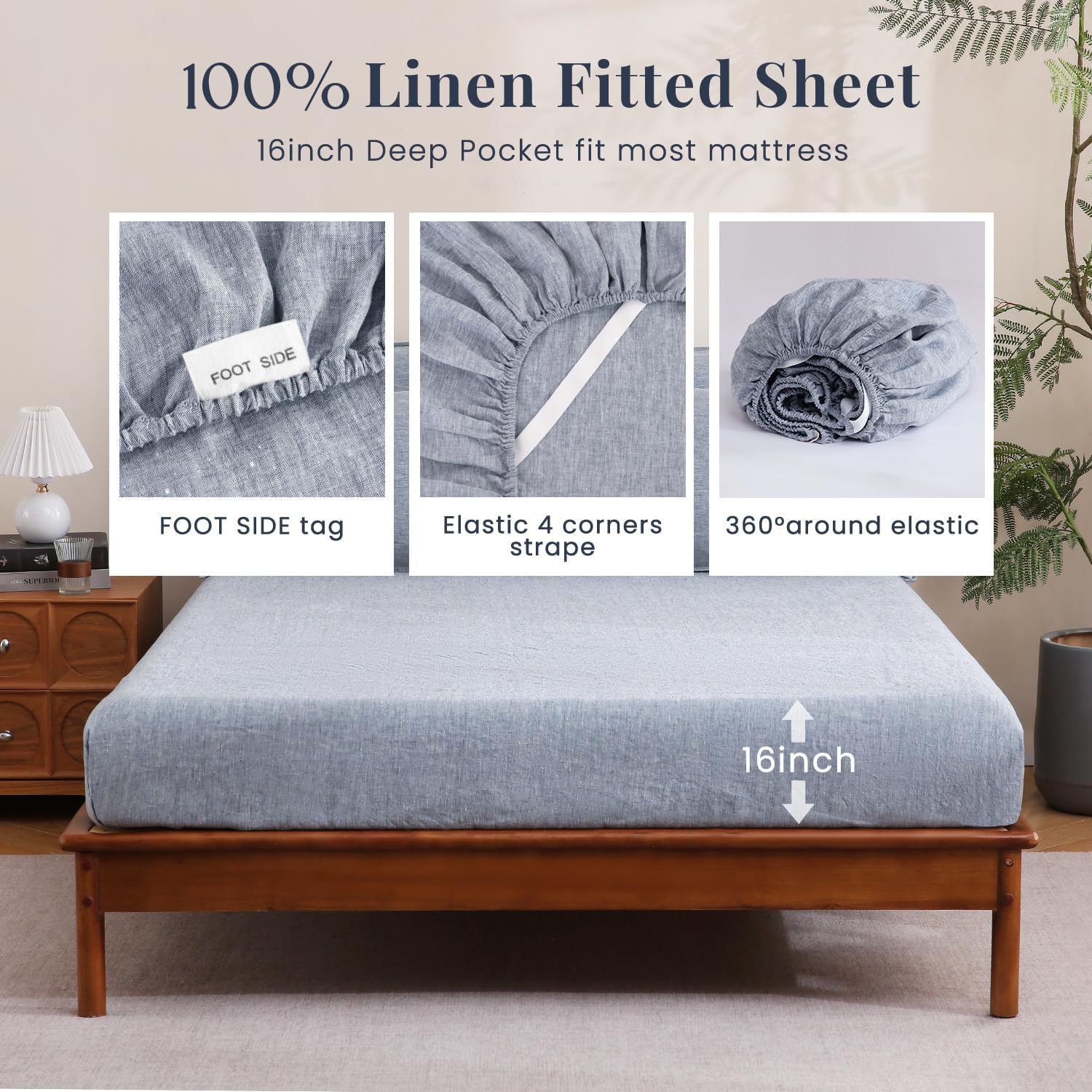 S VICTORY SYMBOL 100% Organic Linen Chambray Sheets Set Queen Size,Washed French Flax Bed Sheets 4 Pieces(2 Pillowcases,1 Fitted Sheet,1 Flat Sheet) Blue Denim,Yarn Dyed Natural Linen Bedding