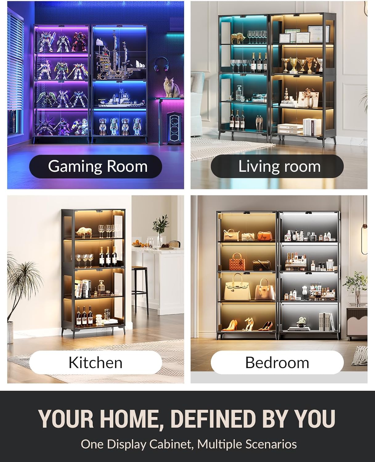 Glass Display Cabinet with Doors, 4-Tier Display Case with Adjustable Shelves, RGB LED Lights with App & Remote Control, Curio Storage Cabinet with Metal Base for Collectibles, Books, Black