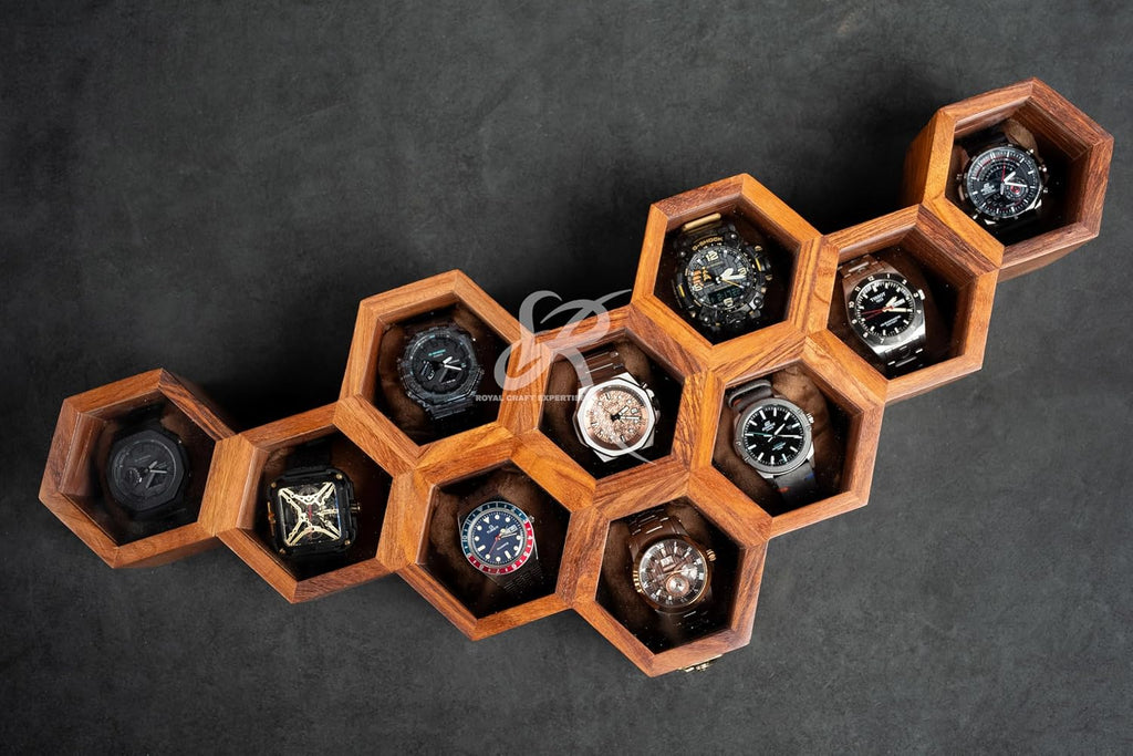 Wooden Watch Box Organizer for Men – 10 Slot Luxury Honeycomb Watch Case | Dark Rosewood Wood & Glass Display Box | Elegant Wooden Timepiece Display Case Boxes for Men – Best Gift for Him