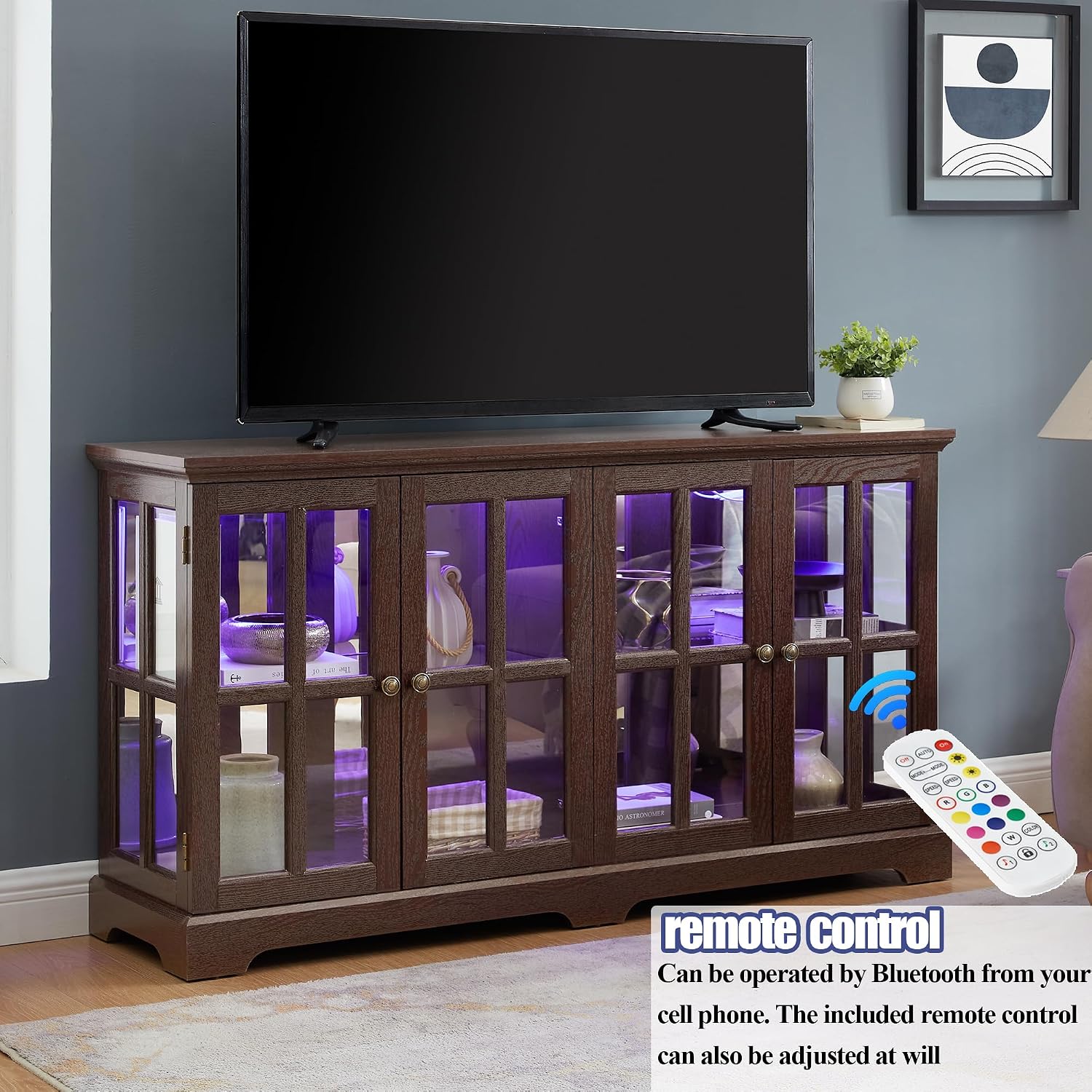 4 Door Curio Display Cabinet w/LED Light & Adjustable Shelves,59' Multipurpose Tableware Display Sideboard w/Mirrored Back Pane,Glass Storage TV Stand for Kitchen & Living Room (Cherry)